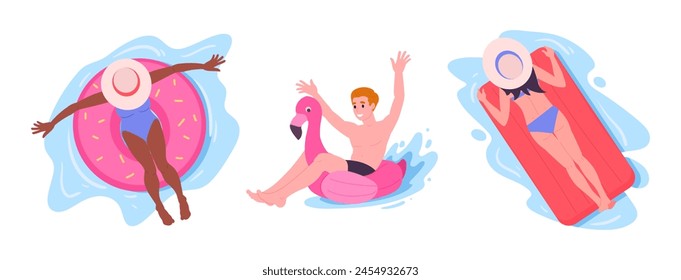 Characters floating on inflatable toys. People relaxing on inflatable rings or mattresses in sea or swimming pool flat vector illustration set. Vacationers sunbathing on on inflatable toys