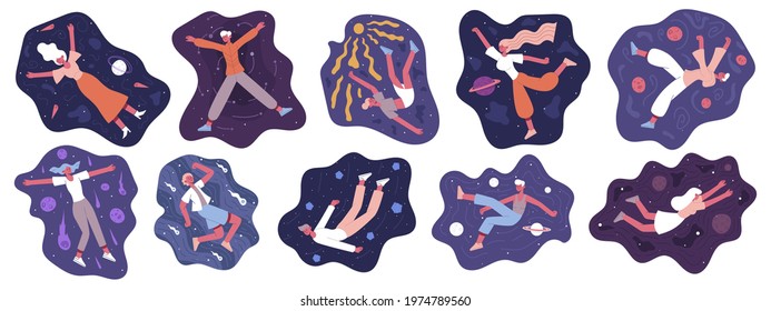 Characters flying in space. People flying in outer space, men and women floating in imagination or dream vector illustration set. Space floating people. Virtual fly imagination, freedom flight gravity