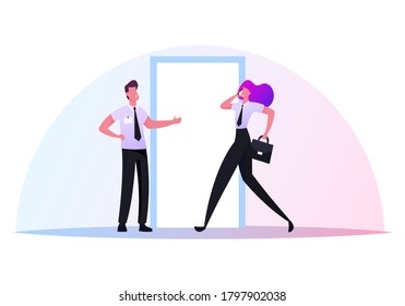 Characters Follow Business Etiquette, Good Manners. Businessman Invite Businesswoman to Enter Open Door ahead. Office Colleagues in Friendly Relations, Polite Man. Cartoon People Vector Illustration