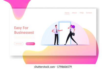 Characters Follow Business Etiquette, Good Manners Landing Page Template. Businessman Invite Businesswoman Enter Open Door ahead. Polite Office Colleagues Relations. Cartoon People Vector Illustration