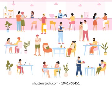 Characters in food court. People eating meal in cafe buffet, men and women have lunch together. Eating characters in cafeteria interior vector illustration set