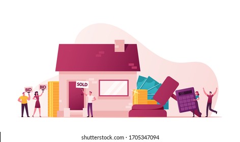 Characters Foreclosure in Real Estate Auction and Bidding Home. Business Judgment Commerce. Conflict Lawsuit from Not Paying Home Debt. People Sale and Purchase Property. Cartoon Vector Illustration