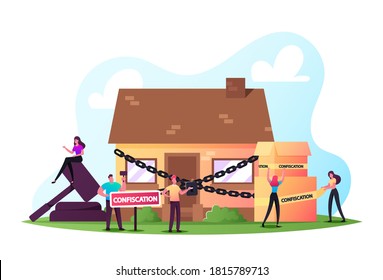 Characters Foreclosure in Real Estate Auction Bidding Confiscated Property. Judgment Conflict Lawsuit from Not Paying Home Debt. People Sale and Purchase Confiscation. Cartoon Vector Illustration