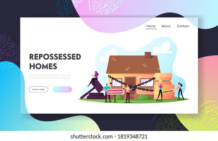 Characters Foreclosure In Real Estate Auction Bidding Confiscated Property Landing Page Template. People Sale And Purchase Confiscation From Not Paying Home Debt Or Loan. Cartoon Vector Illustration