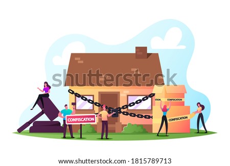 Characters Foreclosure in Real Estate Auction Bidding Confiscated Property. Judgment Conflict Lawsuit from Not Paying Home Debt. People Sale and Purchase Confiscation. Cartoon Vector Illustration