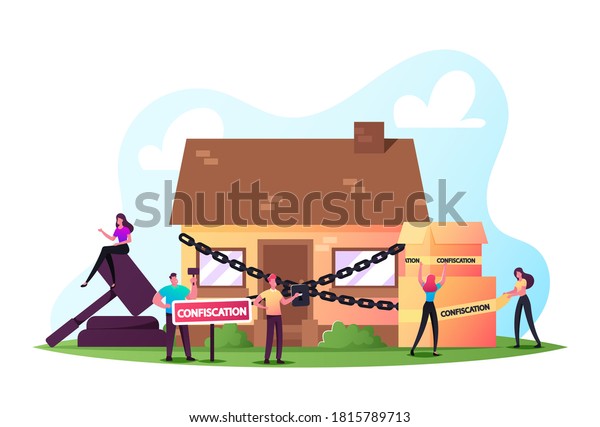 Characters Foreclosure in Real Estate\
Auction Bidding Confiscated Property. Judgment Conflict Lawsuit\
from Not Paying Home Debt. People Sale and Purchase Confiscation.\
Cartoon Vector\
Illustration