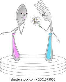 characters fork and spoon stand on a stack of plates