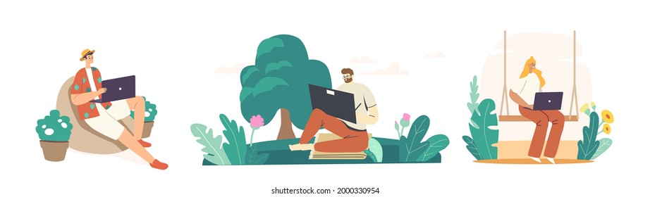 Characters Freelance Outside Work, Selfemployment Concept. Man Or Woman Freelancers Sitting In City Park Or Garden Working Distant On Laptop. Creative Self Employed People. Cartoon Vector Illustration