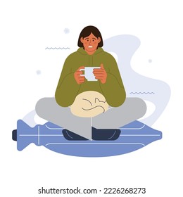 Characters freezing at home. People wrapped in blanket or warm clothes suffering and shivering from cold indoorse. Flat vector illustration