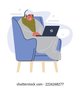 Characters freezing at home. People wrapped in blanket or warm clothes suffering and shivering from cold indoorse. Flat vector illustration