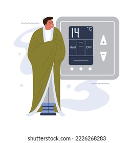 Characters freezing at home. People wrapped in blanket or warm clothes suffering and shivering from cold indoorse. Flat vector illustration