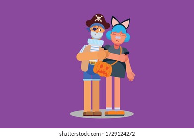 Characters of friends help each other. Halloween theme. Simple character vector illustration, this illustration can use as a sticker also.