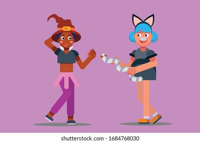 Characters of a funny girl with a dress cat frighten her friend with a fake snake, Halloween theme. Simple character vector illustration, this illustration can use as a sticker also.
