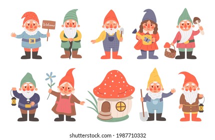   characters with funny hats. Little magical bearded midgets. Isolated fictional lilliputians greeting waving hands. Mushroom house. Vector garden figures set