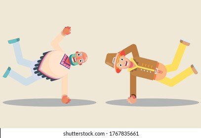 Characters of funny men dancing together. Thanksgiving theme. Simple character vector illustration.