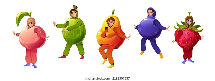 Characters in funny party costumes of fruits. Happy people dressed in carnival costumes of strawberry, blueberry, pear and peach dance isolated on white background, vector cartoon set