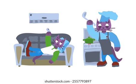 characters funny purple cats on the bed and in the kitchen. stock vector image