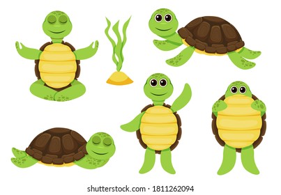 Characters funny turtle baby characters set. Little turtles, walking and swimming turtle animals. Cartoon characters  baby turtles, cute wildlife animals in shell. Vector illustration