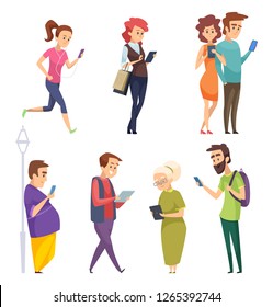 Characters with gadgets. Man woman kids internet chatting by smartphones tablets smart pad cartoon vector people