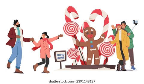 Los Personajes Se Reúnen En La Zona Ferial De Navidad, Rodeados Por Grandes Hombres De Panecillos, Lollipops Y Decoraciones De Caña De Candy, Capturando Alegría De Navidad Y Recuerdos. Ilustración de vectores de personas de caricatura