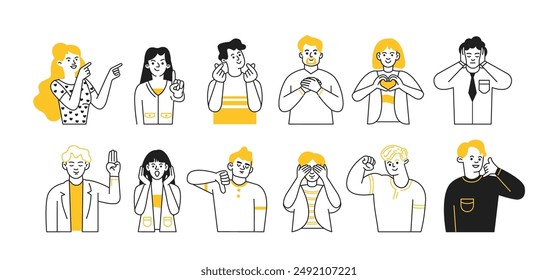 Characters gesturing doodle line and color cartoon illustration set. Communication signs of body linear sketch vector people collection