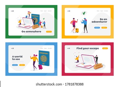 Characters Get Approved Visa Landing Page Template Set. Tourists Make Document for Leaving Country and Travel Abroad. Foreign Passport, Traveling Immigration Stamp. Cartoon People Vector Illustration