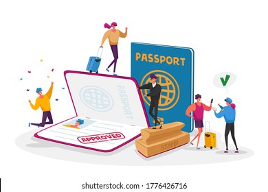 Characters Get Approved Visa. Travelers and Tourists Making Document for Leaving Country and Travel Abroad. Foreign and Native Passport, Traveling Immigration Stamp. Cartoon People Vector Illustration