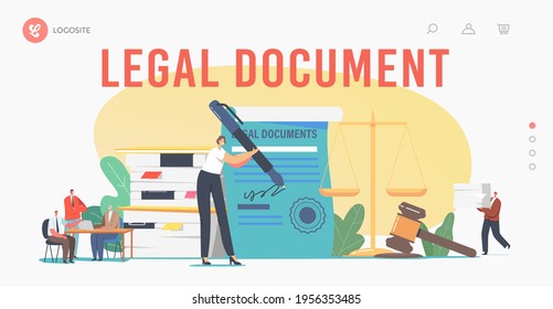 Characters Get Notary Professional Service Landing Page Template. People Visit Lawyer Office for Signing Legal Documents. Tiny Secretary with Huge Pen Sign Documentation. Cartoon Vector Illustration