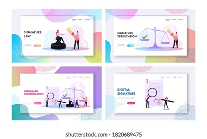 Characters Get Professional Service for Signature Authenticity Landing Page Template Set. Tiny People Visit Lawyer Office for Signing Documents, Huge Scales, Stamp. Cartoon People Vector Illustration