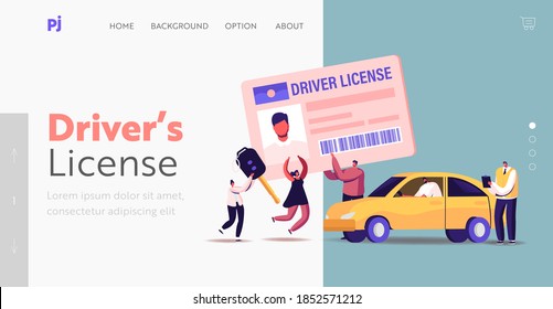 Characters Getting Driver License Landing Page Template. Tiny Men and Women Studying in School with Instructor, Learning Drive Car, Passing Exams Get Permission. Cartoon People Vector Illustration