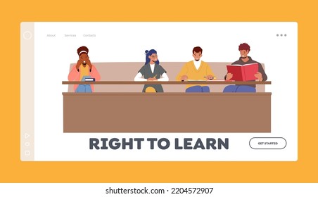 Characters Getting Education in High School Landing Page Template. Students Listening Lecture In University Or College Hall, Taking Notes, Reading Textbook, Listen Class, Cartoon Vector Illustration