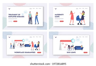 Characters Getting Workplace Guarantees Landing Page Template Set. Financing Employees Diseases Treatment. Sick and Maternity Leave, Health Accident Insurance. Cartoon People Vector Illustration