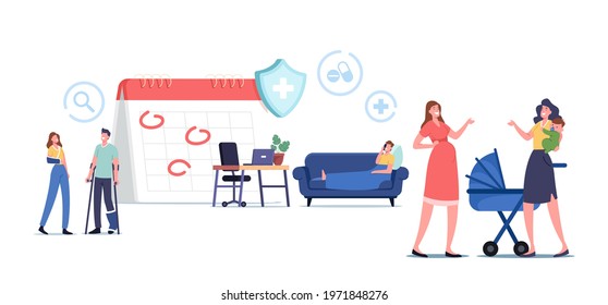 Characters Getting Workplace Guarantees and Perks. Financing Employees Diseases Treatment. Sick and Maternity Leave, Health, Occupational Accident Insurance. Cartoon People Vector Illustration
