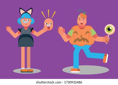 Characters of a girl with a cat costume and a fat boy. Halloween theme. Simple character vector illustration, this illustration can use as a sticker also.