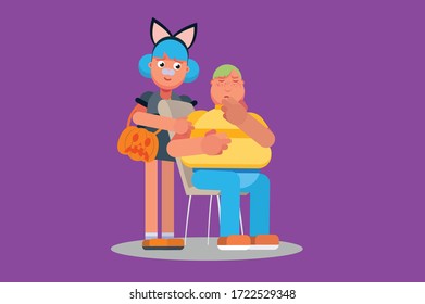 Characters of a girl with a cat costume help her sad friend. Halloween theme. Simple character vector illustration, this illustration can use as a sticker also.