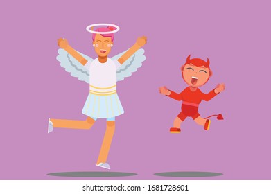 Characters of a girl get dressed in an angel costume and a little boy jumping together, Halloween theme. Simple character vector illustration, this illustration can use as a sticker also.