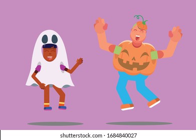 Characters of a girl with a ghost costume and a fat boy wearing a pumpkin costume, Halloween theme. Simple character vector illustration, this illustration can use as a sticker also.