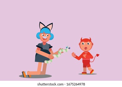 Characters of a girl showing a snake to a little boy wearing a costume, Halloween theme. Simple character vector illustration, this illustration can use as a sticker also.