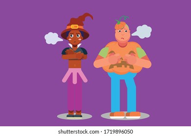 Characters of a girl wearing a witch costume and a boy with a pumpkin costume. Halloween theme. Simple character vector illustration, this illustration can use as a sticker also.