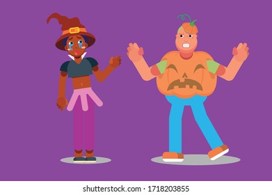 Characters of a girl with a witch costume and a boy wearing a pumpkin suit. Halloween theme. Simple character vector illustration, this illustration can use as a sticker also.