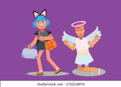 Characters of girls wearing farewell Halloween costume. Halloween theme. Simple character vector illustration, this illustration can use as a sticker also.