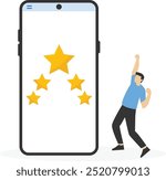Characters giving five star feedback. Customer review rating and feedback. Flat vector illustration isolated on white background.


