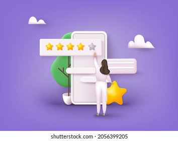 Characters Giving Five Star Feedback. Vector customer review concepts. Reviews stars with good and bad rate and text. 3D Web Vector Illustrations. - Shutterstock ID 2056399205