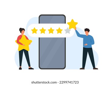 Characters giving five star feedback. Customer review rating and feedback. Flat vector illustration isolated on white background.