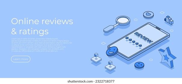 Caracteres que dan comentarios de cinco estrellas. Concepto de revisión en línea. Conceptos de revisión de clientes vectores. Reseña las estrellas en pantalla móvil. Aplicación para clasificaciones. Ilustración del vector