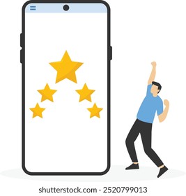 Characters giving five star feedback. Customer review rating and feedback. Flat vector illustration isolated on white background.

