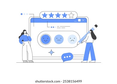 Characters giving five star feedback. Clients choosing satisfaction rating. Customer service and user experience concept. Vector Illustration, icon. Stylish, Minimalist line, abstract