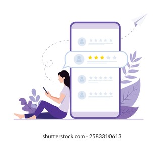 Characters Giving Five Star Feedback. Vector customer review concepts.