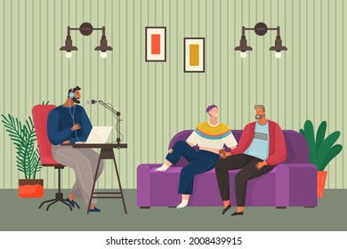 Characters giving interview to journalist. Live report, press conference with guests of radio station. People communicate during podcast. Live communication at interview. Recording audio podcast