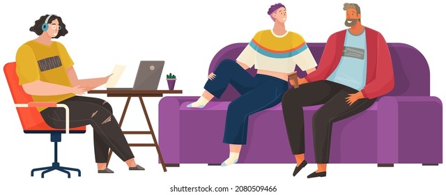 Characters giving interview to journalist. Live report, press conference with guests of radio station. People communicate during podcast. Live communication at interview. Recording audio podcast